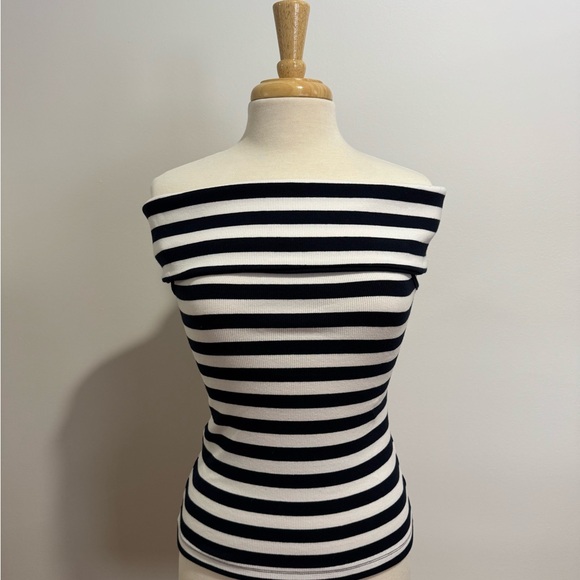 Banana Republic Off-Shoulder Cotton Ribbed Nautical Striped Top Navy White Sz S - Picture 9 of 13